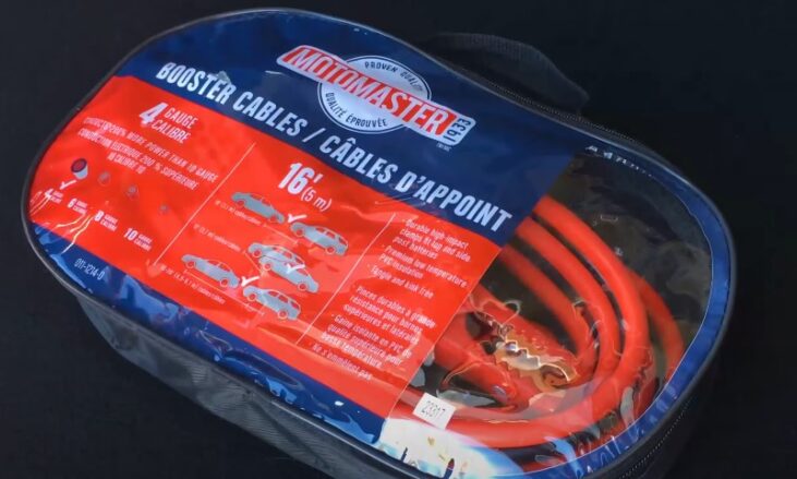 Booster cables in a clear zippered carrying bag